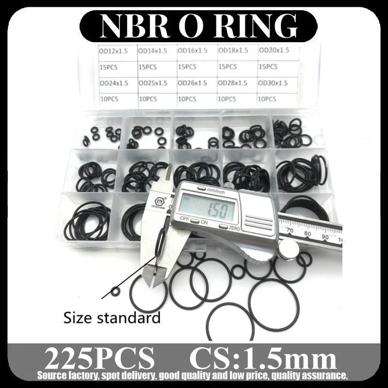 225pcs/Box Rubber O Ring Thickness 1.5mm Assortment Black O-Ring Seals Set Nitrile Washers High Quality For Car Gasket Silicone