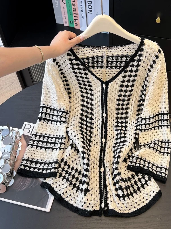 V-Ne Knitted Open Cardigan plus Size Women Casual Hollow out Color Blo Outerwear Autumn Top Comfortable Versatile plus Size