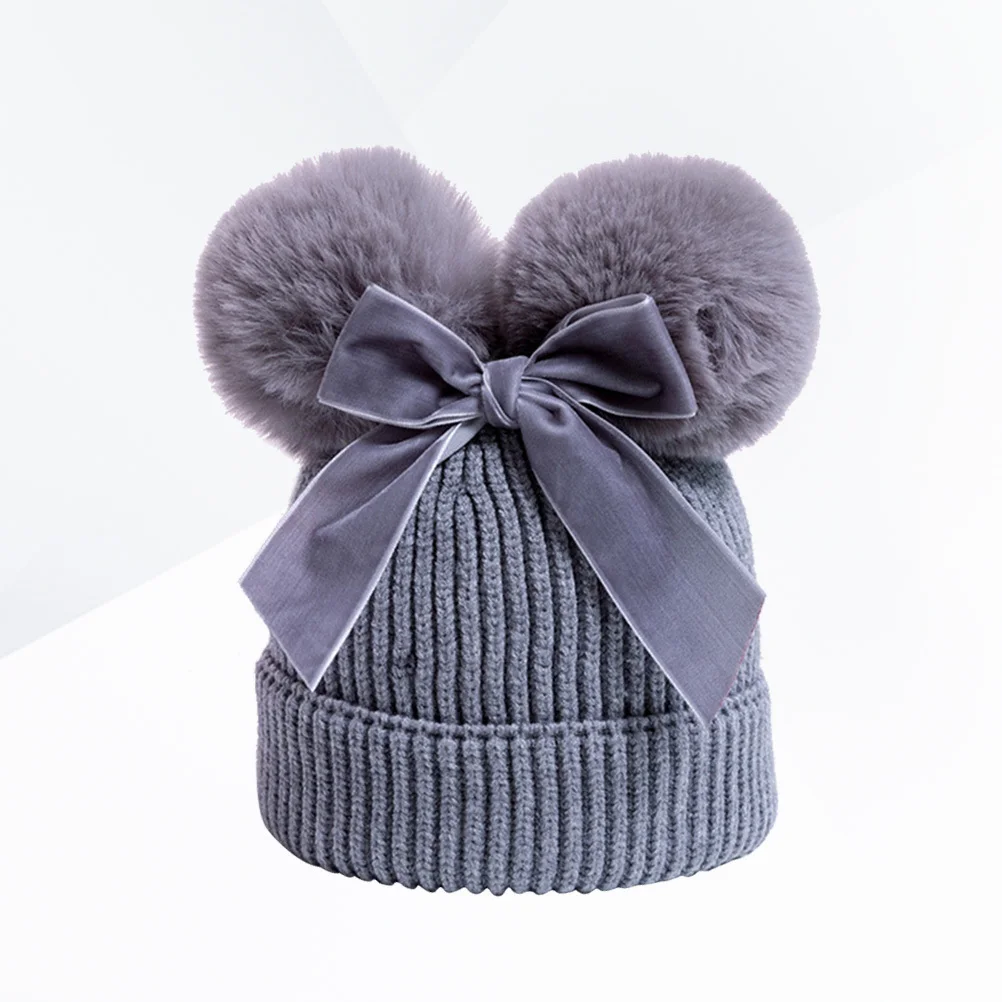 

Winter Beanie Hat for Kids Grey Two Bowknot Crochet Knit Cap Warm Gift for Baby Girl Photo Shoot Knit Hat