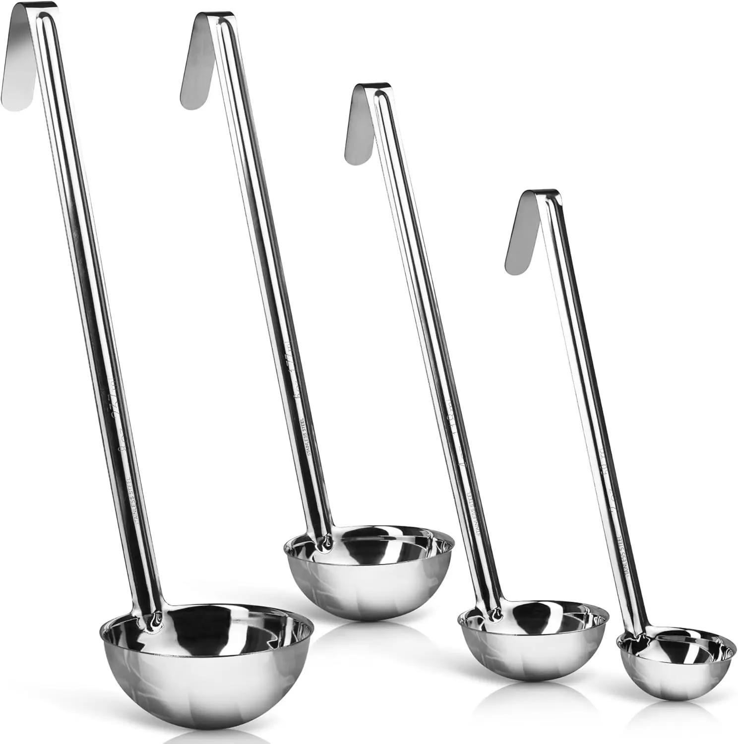 Stainless Steel Soup Ladles, 4-Piece Set (2, 4, 6, 8 oz), Rustproof, Heat-Resistant, Commercial Grade