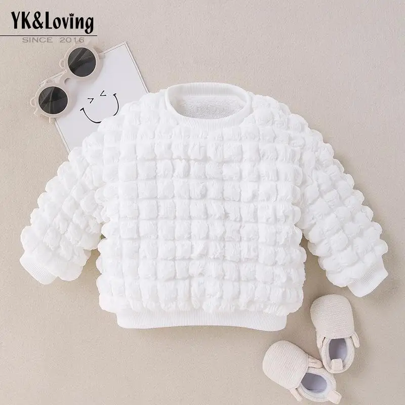 Autumn and Winter New Girls' Baby Clothing Round Neck Long Sleeved Solid Color with Thick Velvet Fashionable and Simple Hoodie