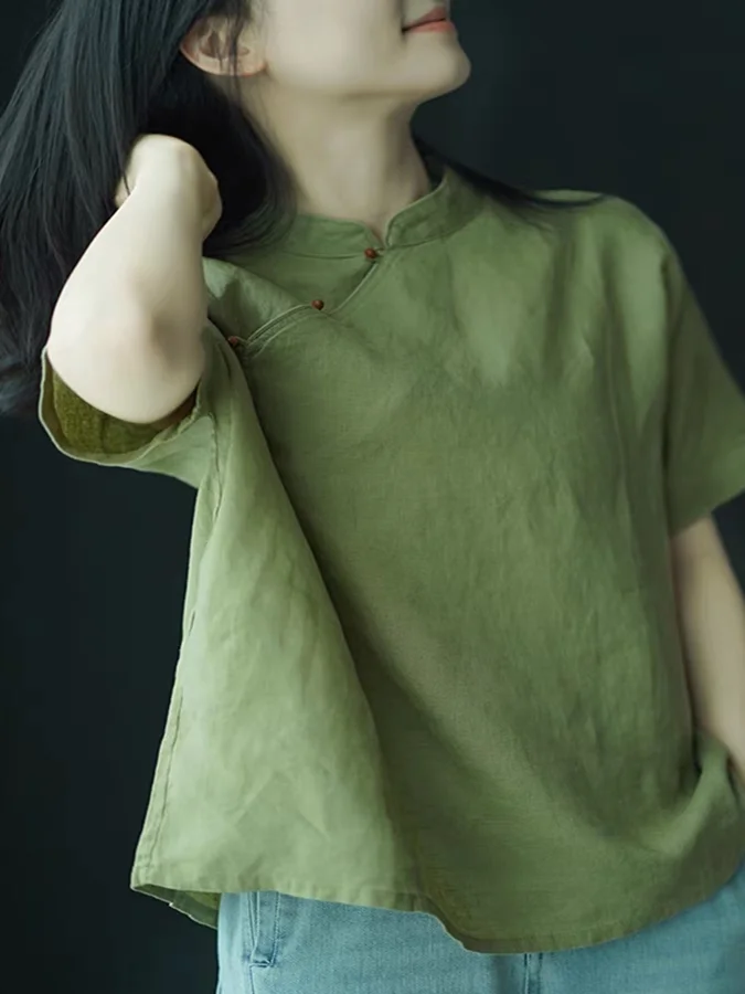 新しい中国風レトロコットンリネン半袖シャツ女性のルーズフィットボタンアップスタンドカラー伝統的なチャイナドレストップ