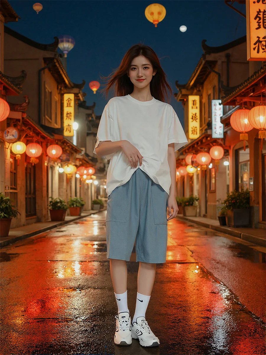 Pantaloncini per coppie a gamba larga Abbigliamento da spiaggia oversize in cotone e lino da donna Traspirante Leggero Comodo Patchwork per le vacanze Estate Carino