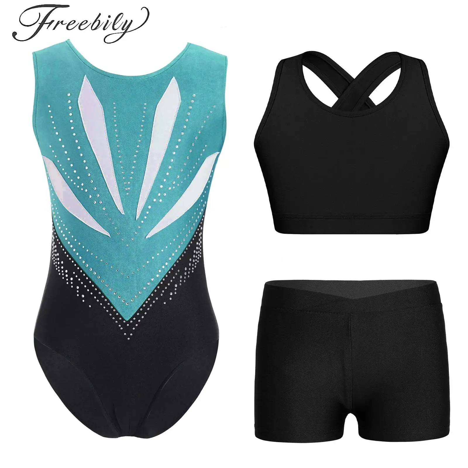 

Girls Gymnastics Leotards Ballet Dance Outfits Children Sleeveless Rhinestones Figure Skating Acrobatics Unitard Jumpsuit Set