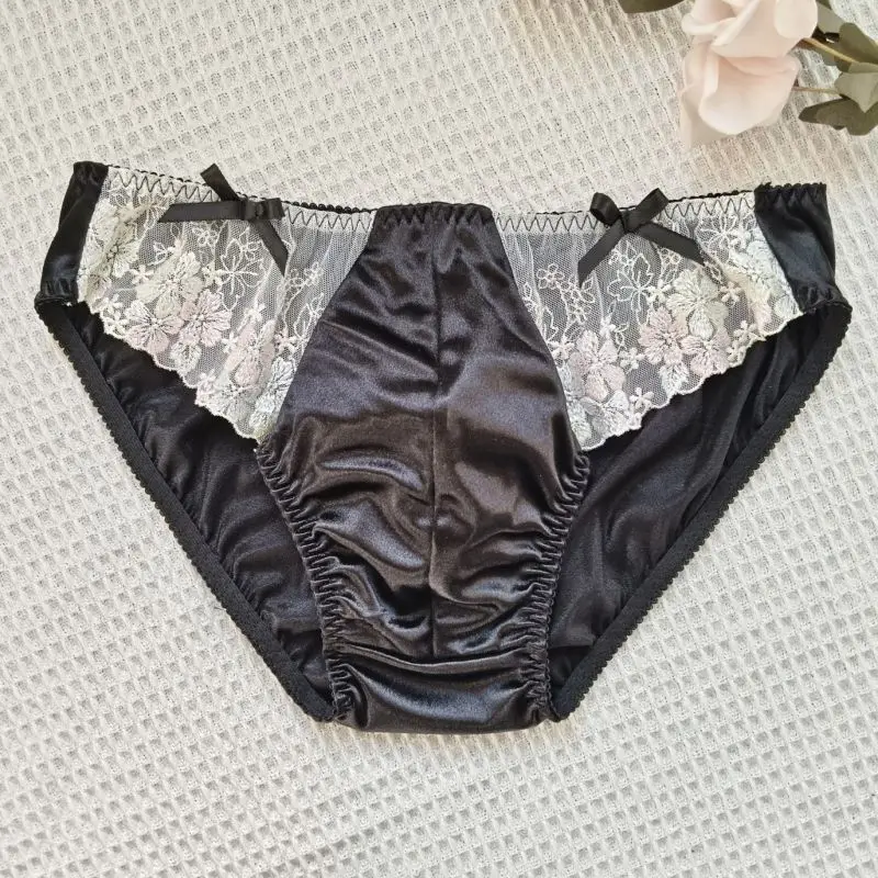 Men's Satin Briefs Sexy Low-Rise Lace Trim Bow Underwear Sissy Soft Smooth Convex Pouch Intimate Lingerie