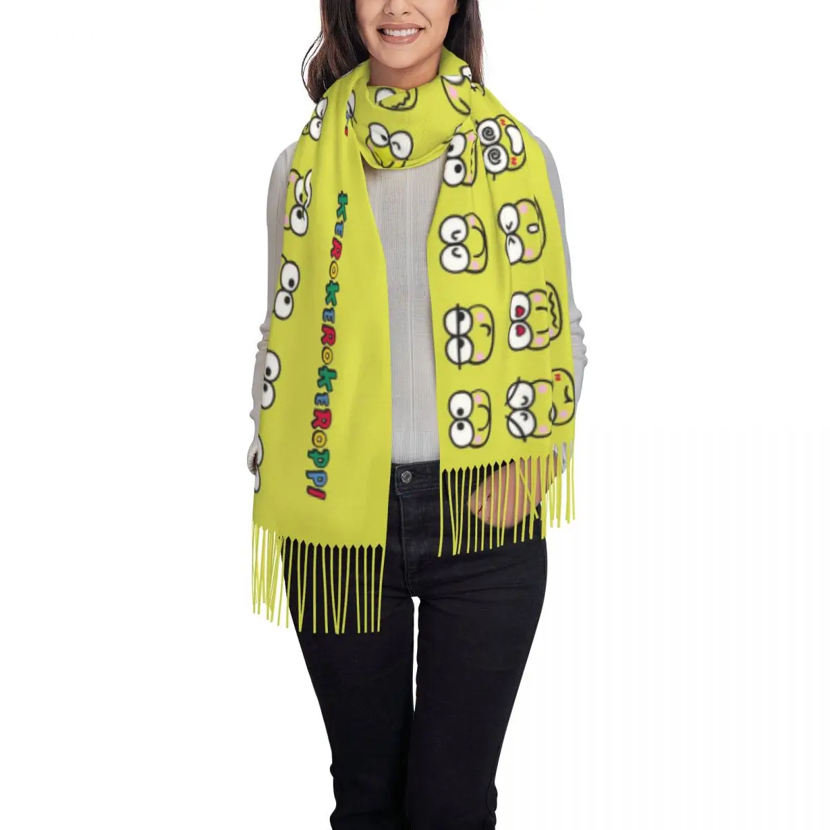 Custom Keroppi Tassel Scarf Women Soft Shawl Wrap Lady Winter Scarves