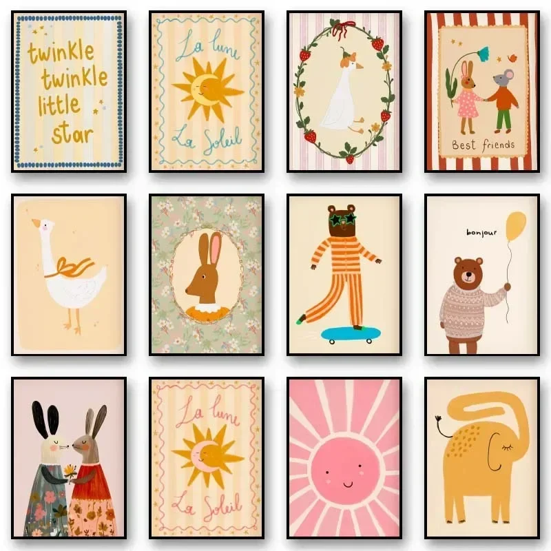 1pcs Frameless Animal Poster Printing Nordic Flower Rabbit Nursery Cool Bear Goose Whimsical Rabbit Printing Room Game Decor