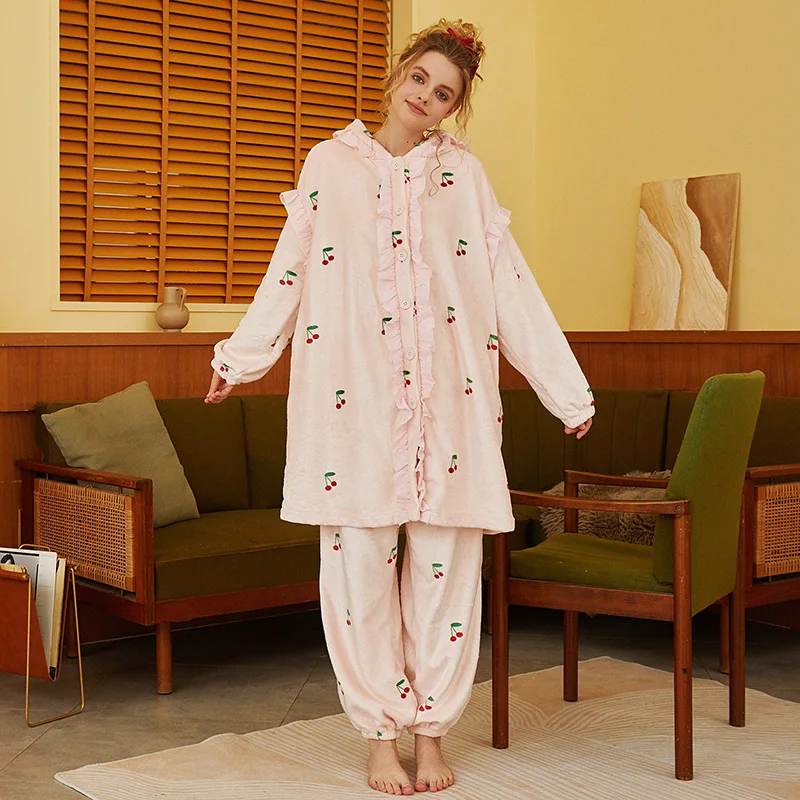 Autumn Winter Floral Flannel V Neck Ruffles Tops Pants Two Piece Sets Fairy Sweet Loungewear Princess Sleepwear Women Pajamas