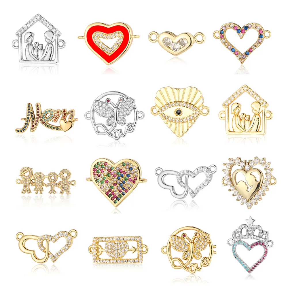 3pcs/Lot Family Love Heart Copper Cubic Zricon Connector Charm Butterfly House Mom Crown Bracelet Pendants Making DIY Jewelry