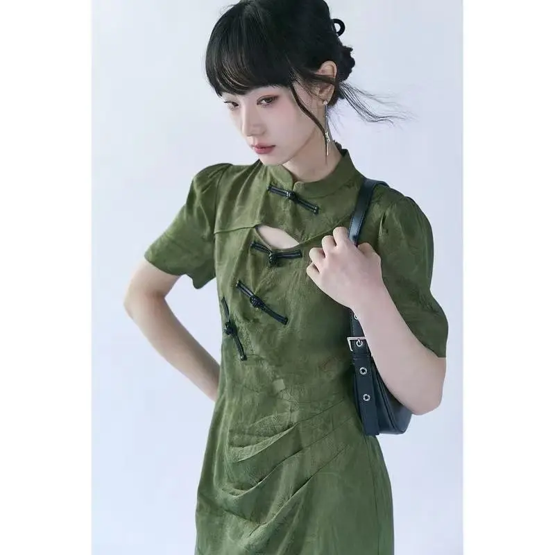 2024 spring new chinese style improved fashion hollow out qipao dress vintage girl cheongsam dress green fashion daily dress