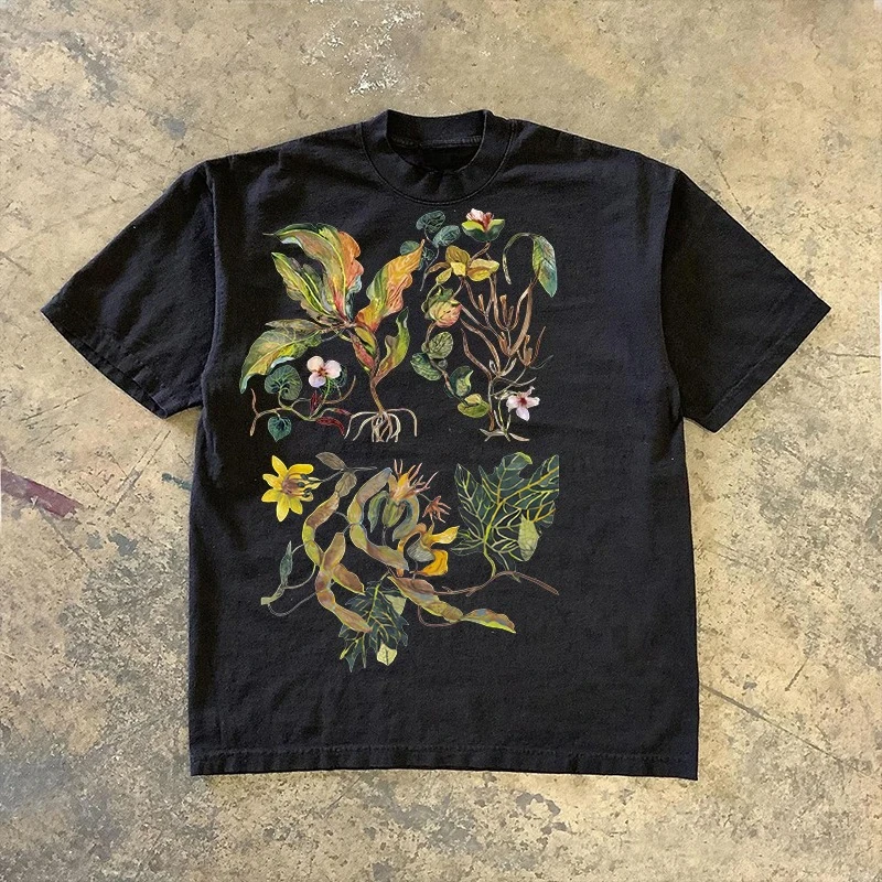 Camiseta Oversized Vintage de Verão 2026 com Estampa Floral Botânica em Aquarela, Camiseta Casual de Manga Curta para Homens e Mulheres