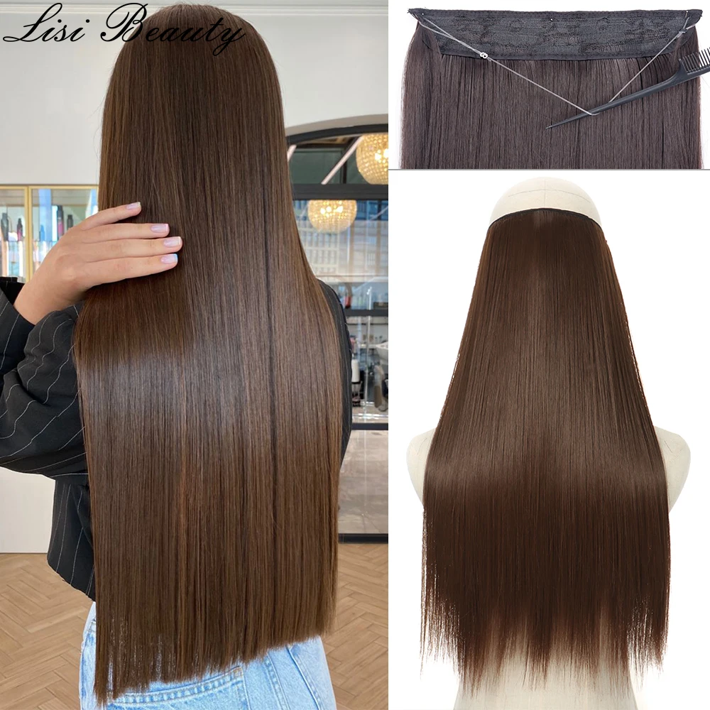 No Clips Hair Extensions Invisible Wire Long Straight Synthetic False Hair Piece 80cm Black Brown Blonde Hairstyle