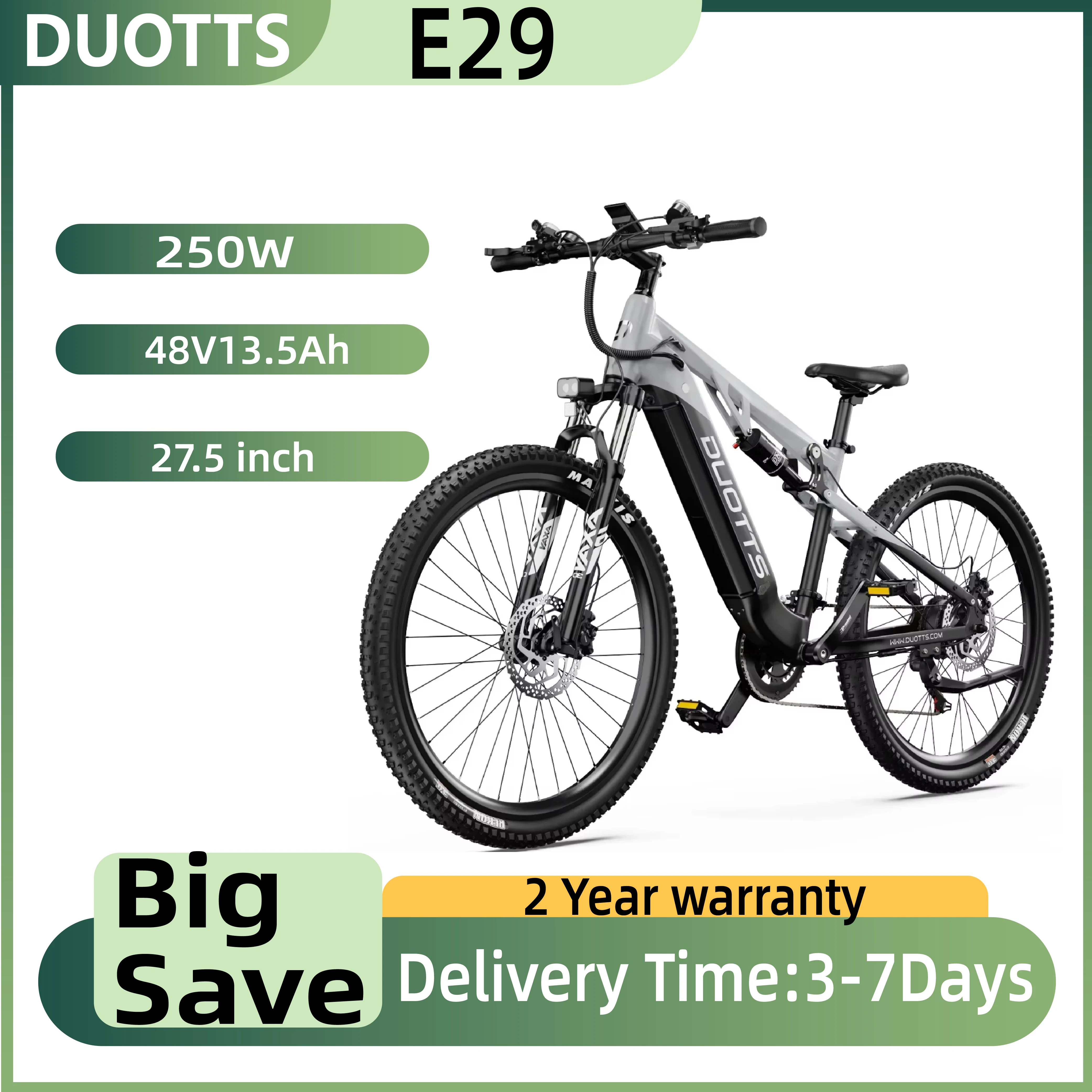 DUOTTS E29 Elektrofahrrad für Erwachsene, 250W Motor, Offroad-Elektrofahrrad, 48V 13,5AH Lithium-Akku, 27,5-Zoll-Reifen, Höchstgeschwindigkeit: 25 km/h
