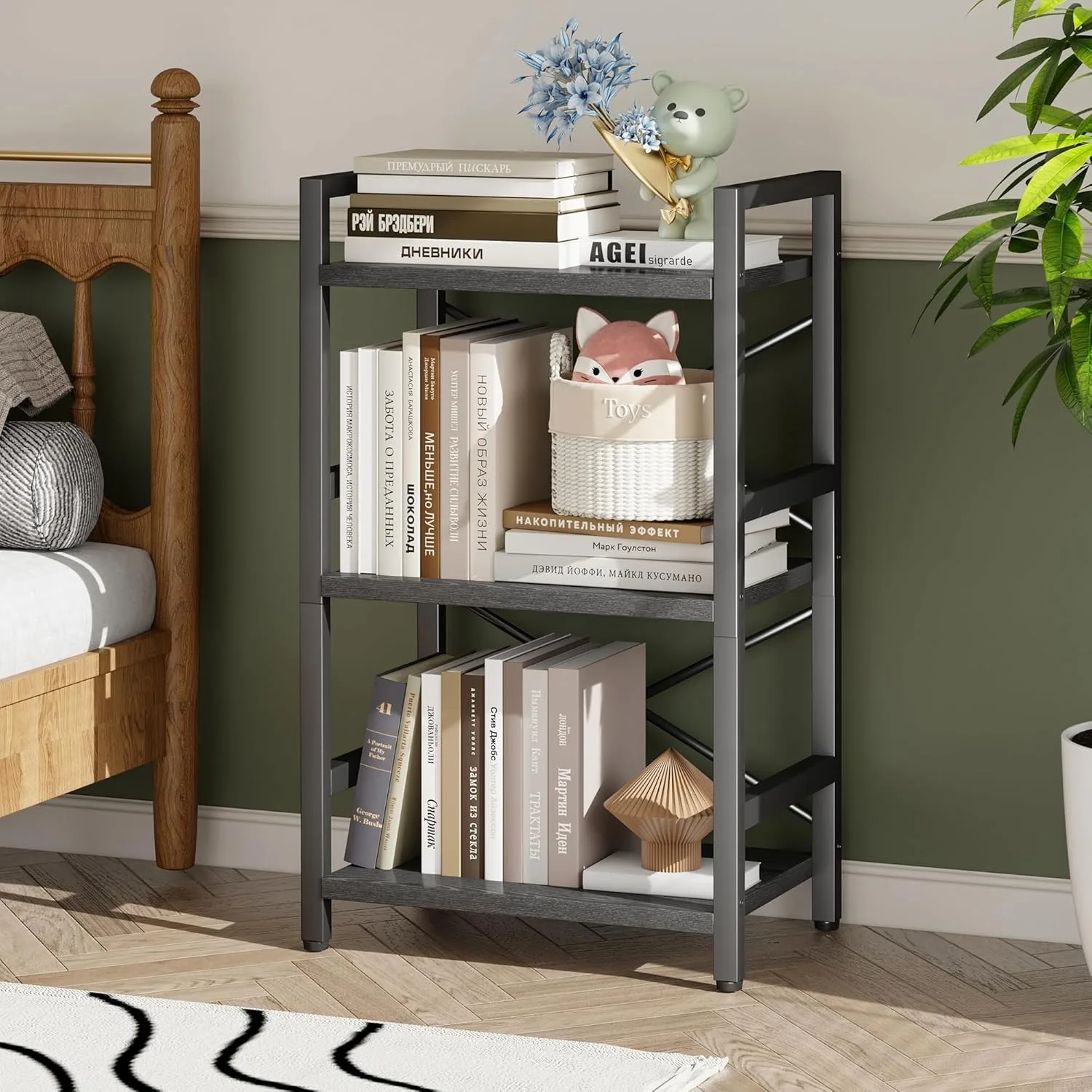 Bookshelf, 3 Tier Industrial Bookcase, Metal Small Bookcase, Rustic Etagere Book Shelf Storage Organizer for Living Room,Bedroom