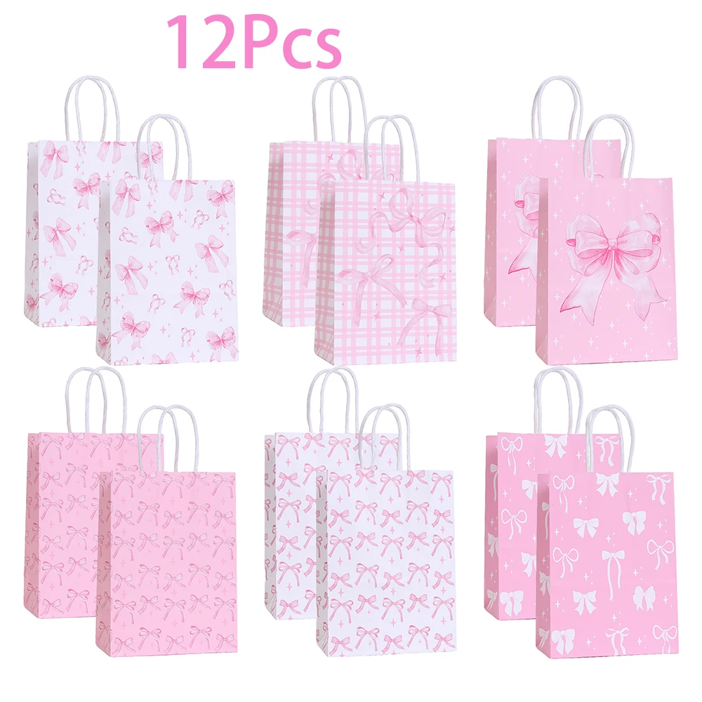 12 Uds. Bolsas de embalaje de regalos de papel con tema de lazo rosa dulce, bolsas de galletas y dulces para niños, niñas, cumpleaños, Baby Shower, decoración del banquete de boda