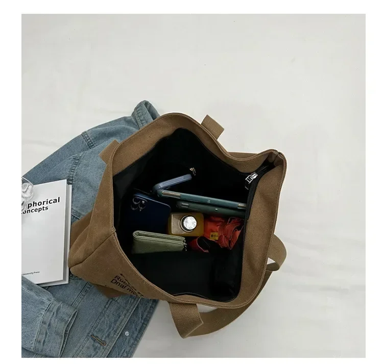 Geräumige Anime-Katzen-Canvas-Tragetasche für Damen mit Schriftzug-Druck, lässige Schultertasche für den Alltag, tragbare Handtasche für Mädchen – Detail 6