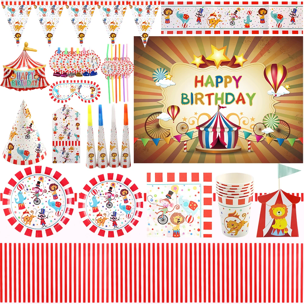 Cartoon Circus Troupe Animal Performance Birthday Party Decoration Supplies Disposable Cutlery Balloon Background Baby Shower