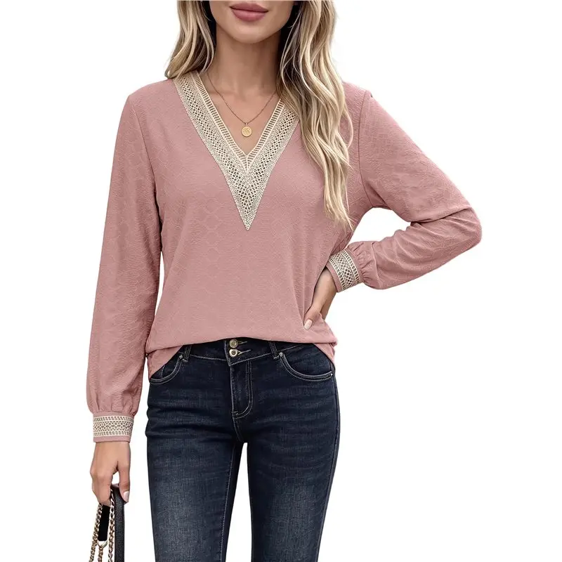 Women's Lace Trim V Neck Loose Textured Long Sleeve T-Shirt Eco-Friendly