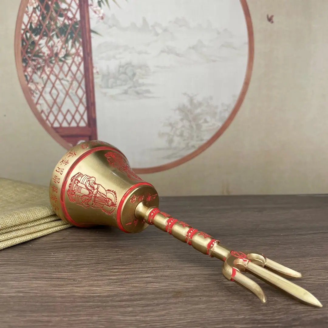 Metal Statue Copper cinnabar Sanqing Bell Taoism drives away evil spirits 7.8cm, height 20cm, weight 335g Vajra Dorje