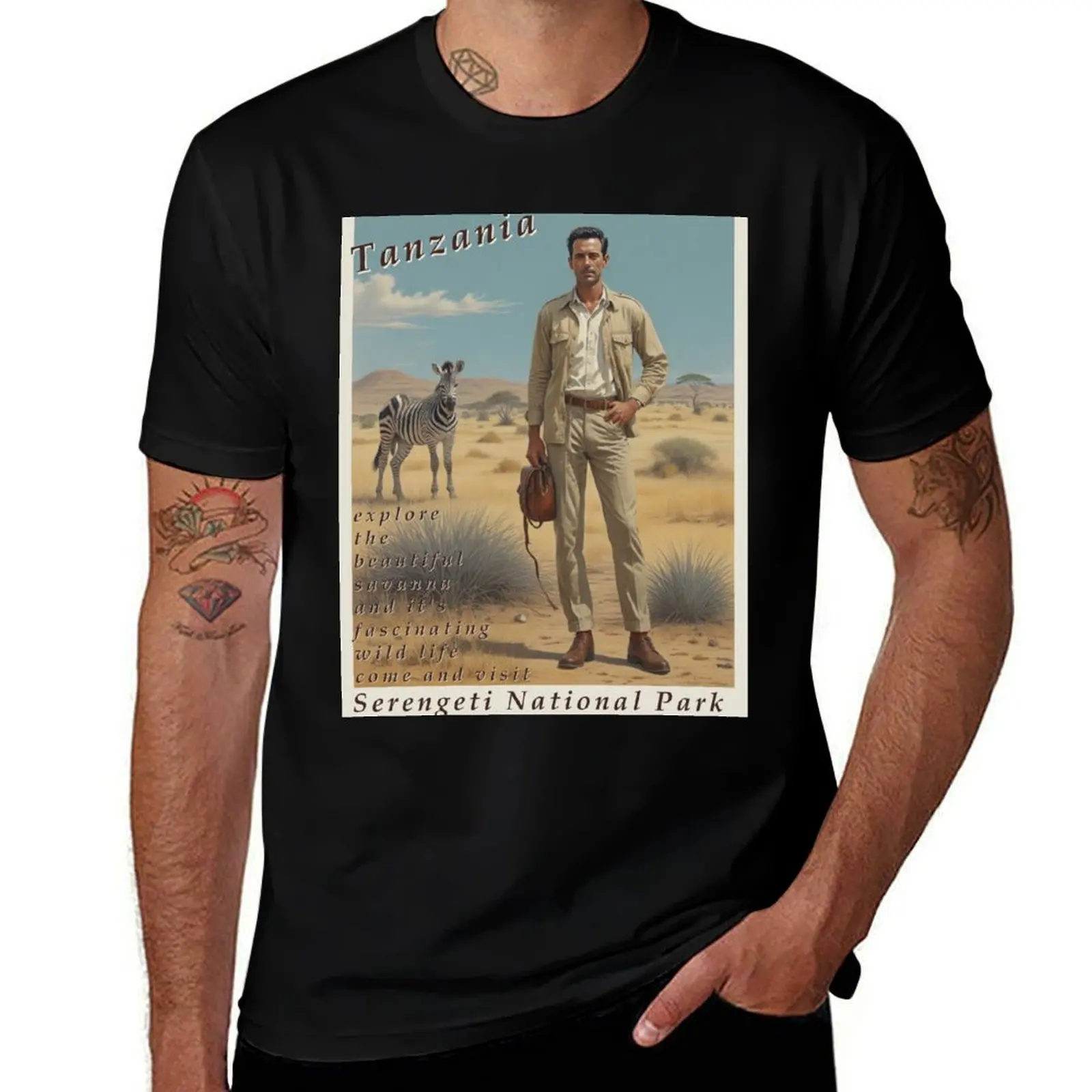 

man graphic t shirts style Serengeti - man travel shirt poster T-Shirt Vintage 50's zebra tshirt t anime plain