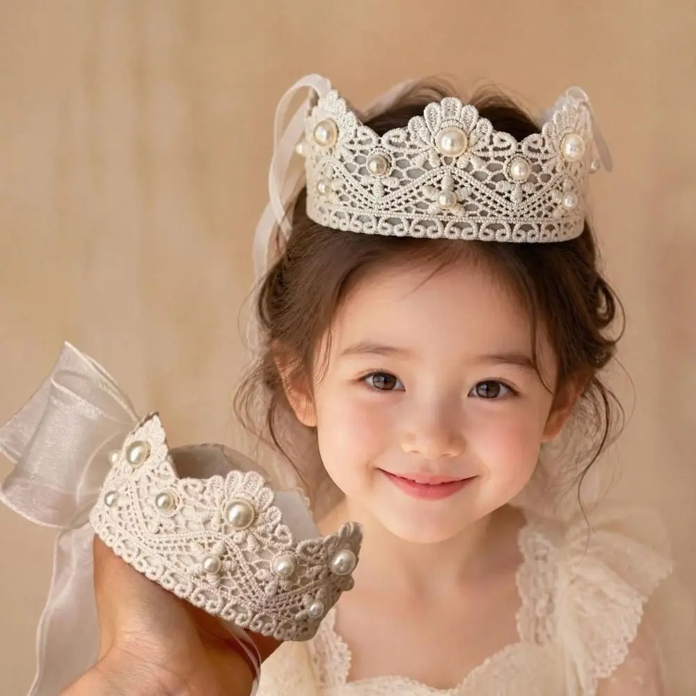 New Crown Shape Baby Crown Headband Mesh Bow Hollow Lace Kids Crown Headpiece Girls Crown Hairband Children's Party Wear