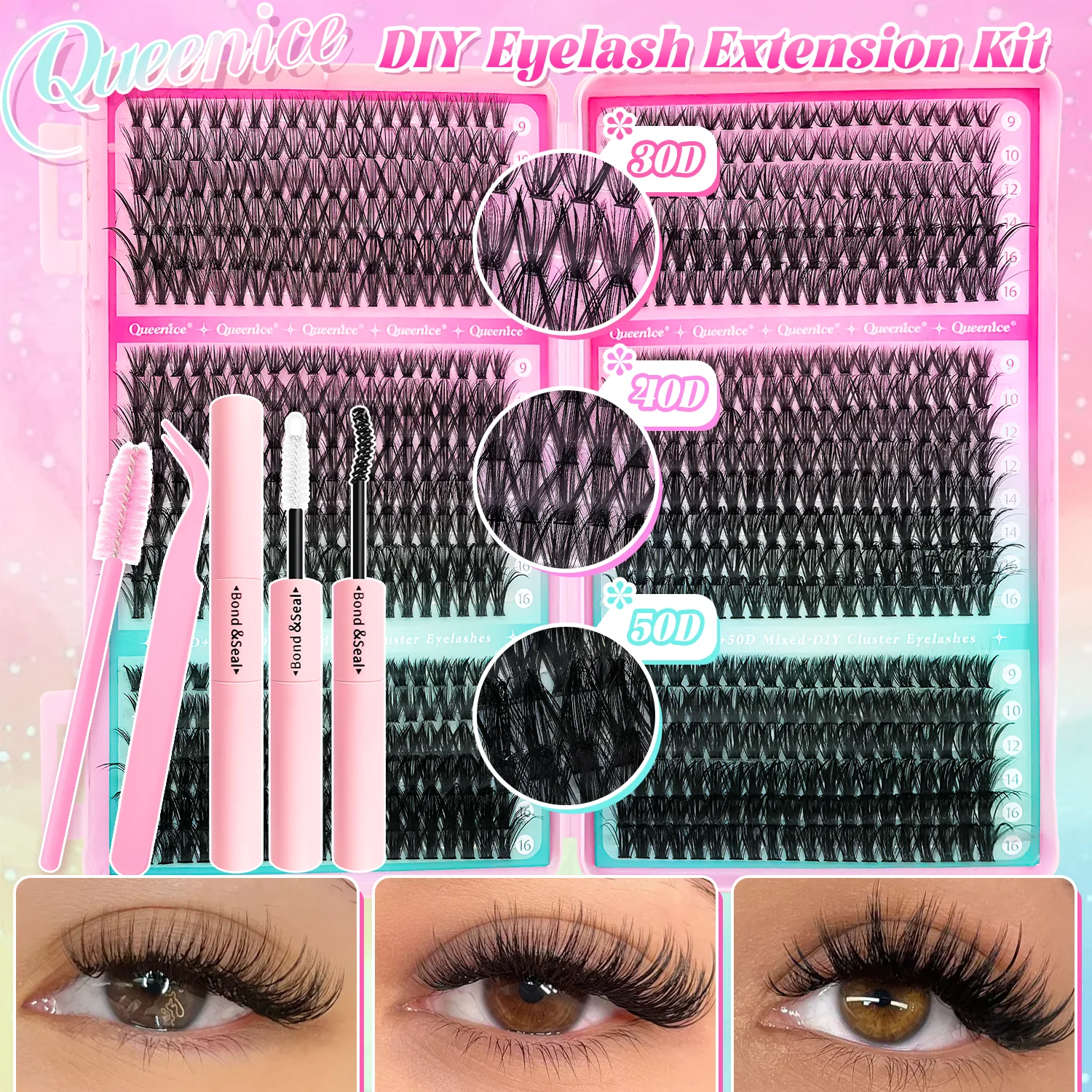 DIY Lash Extension Kit Clusters Individuele Wimpers Kit 9-16mm met Bond en Seal Piekerige Natuurlijke Schurf Wimpers