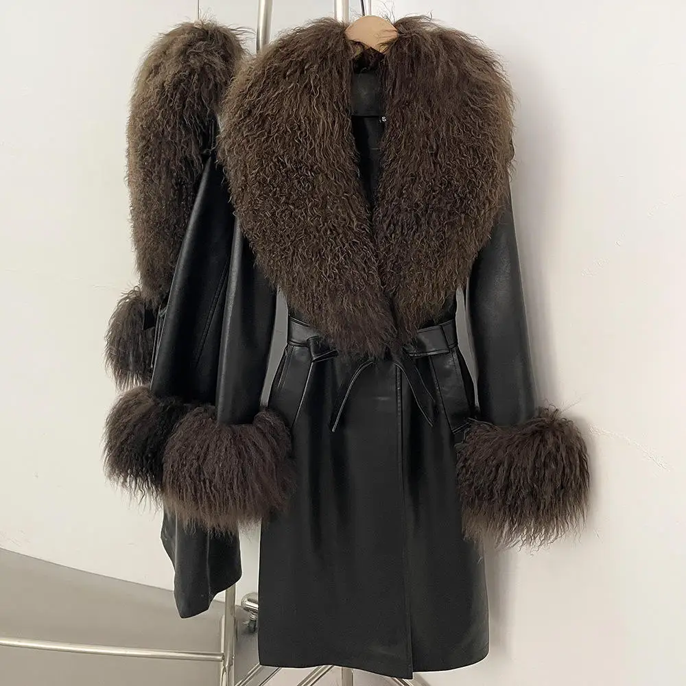 

Женское модное пальто из шерстяной смеси с поясом, кожаная куртка с длинными рукавами, верхняя одежда, осенне-зимний новый стиль, универсальная модель