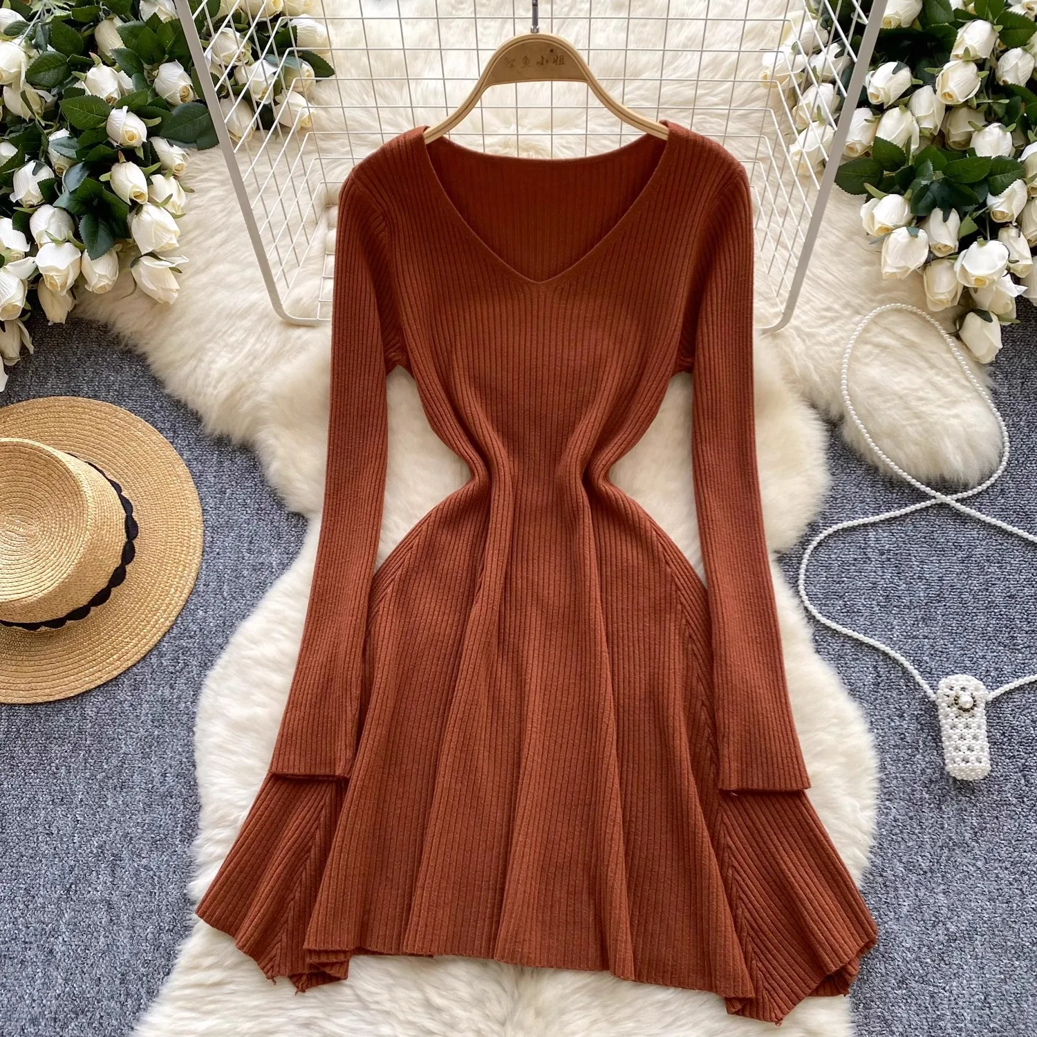 

Autumn Winter V Neck Knitted Dress Women Long Sleeve Solid Mini Dress Party Vestidos