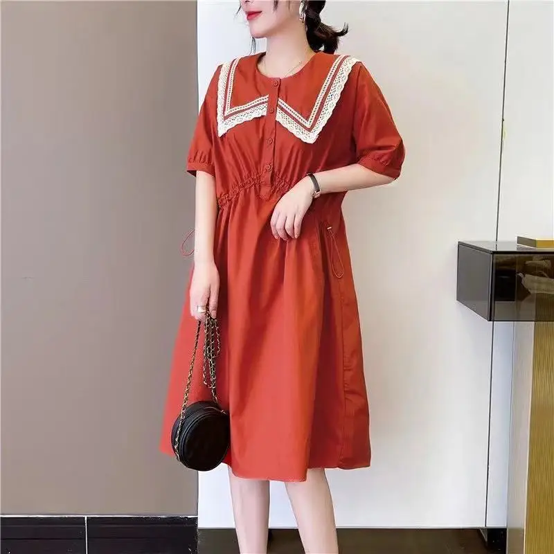 

Fashion Peter Pan Collar Dress Sweet Lace Spliced Summer A-Line Shirring Waist Basic Female Clothing Casual Short Sleeve Dresses