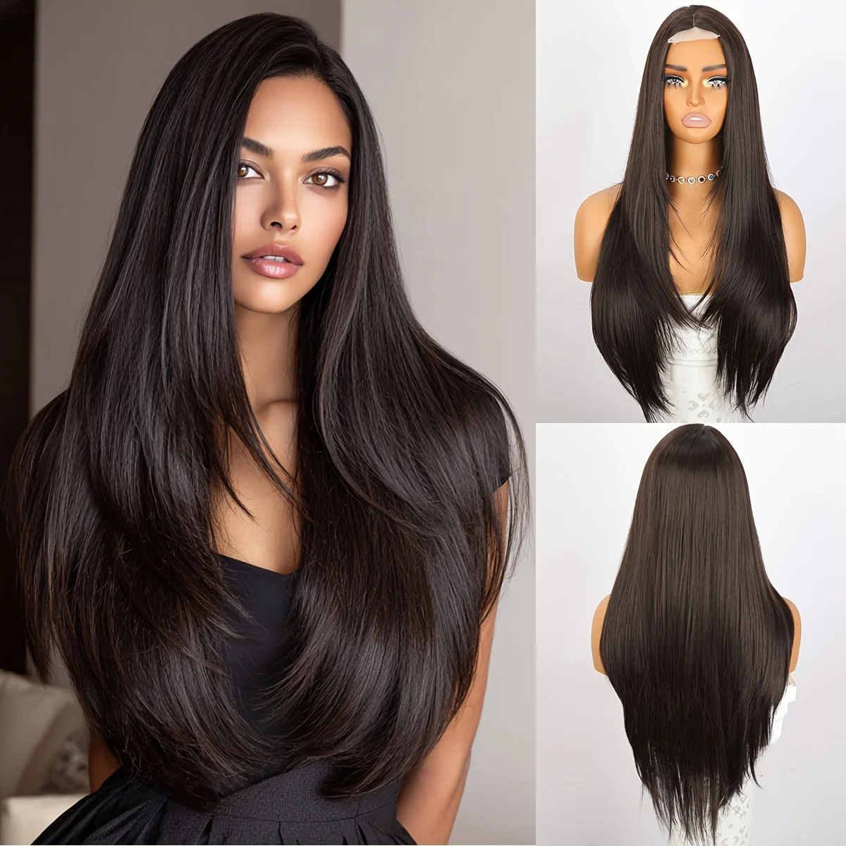 28-Inch straight hair lace front wig, dark brown, 4X1 distribution design for a stylish and plump look
