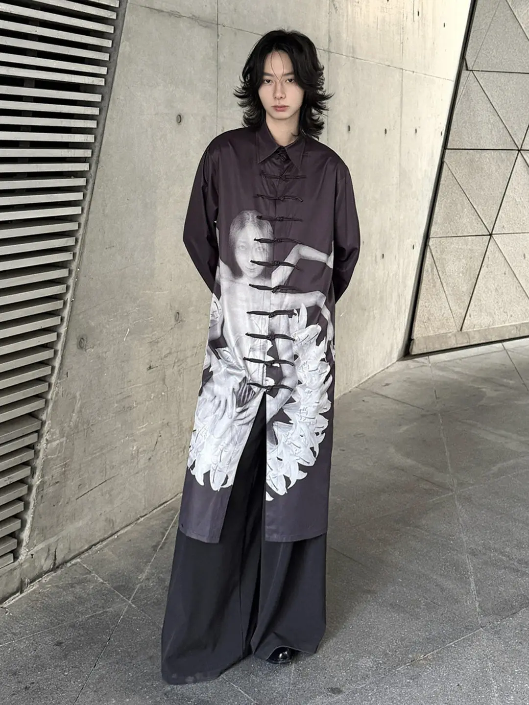 High Street Long Printed Visual Shirt Men's Chinese Style Button Down Streetwear Shirt Mid Length Top Windbreaker
