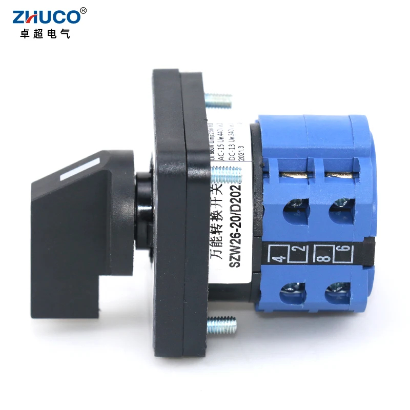 ZHUCO SZW26/LW26-20 Ith 20A Ui 660V 2 Pole 8 Screws 3 Position 64X64 48X48 mm Panel Transfer ON OFF ON Changeover Cam Switch