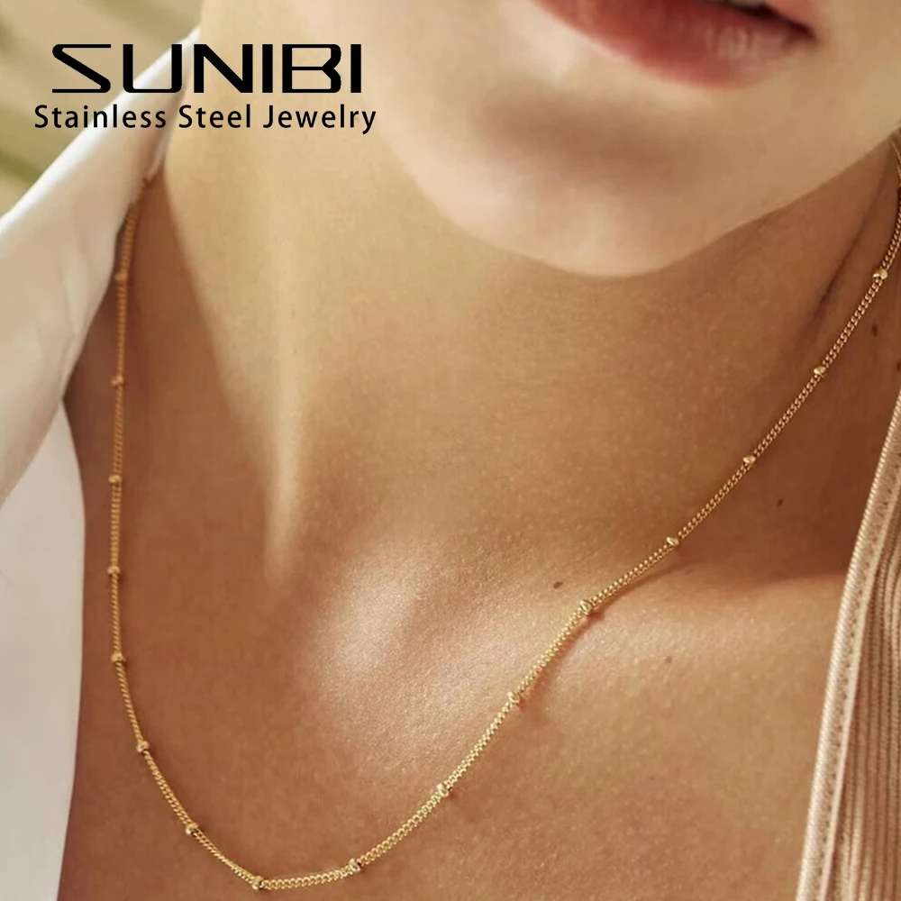 SUNIBI Stainless Steel Chain Necklace for Women Gold Color Thin Choker Bead Chain Necklace Jewelry Wholesale Dropshipping