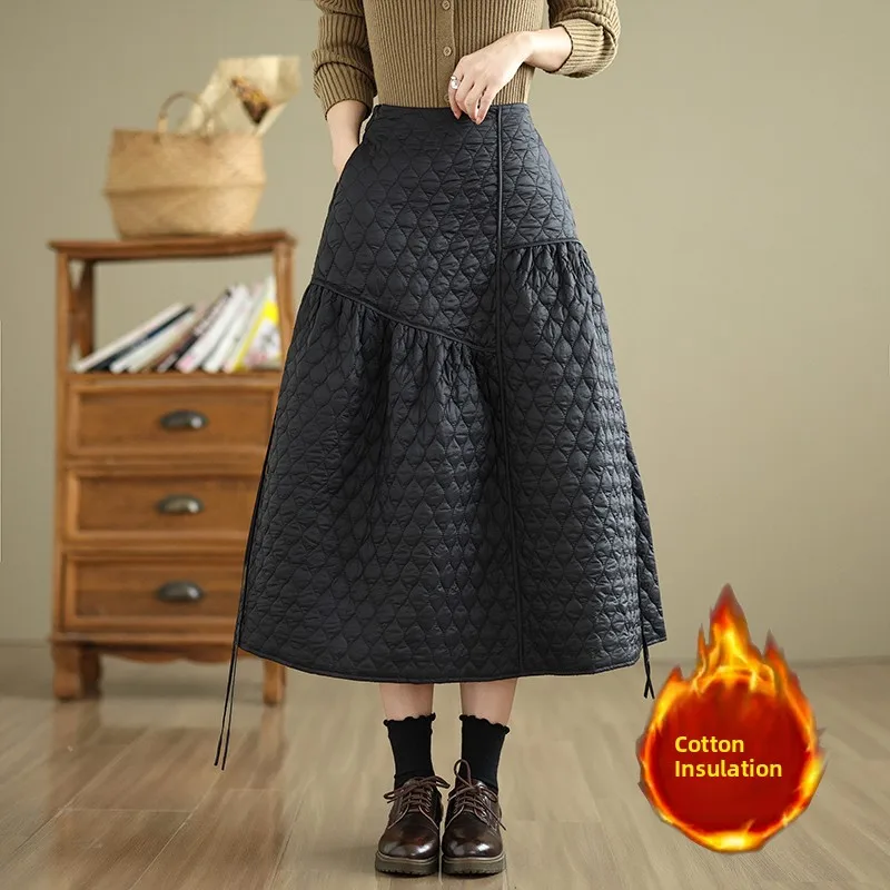 

2024 Winter New Hepburn Sle High Waist A-Line Skirt Women's F-length Rope Hanging Diamond Pattern Thiened Long Skirt