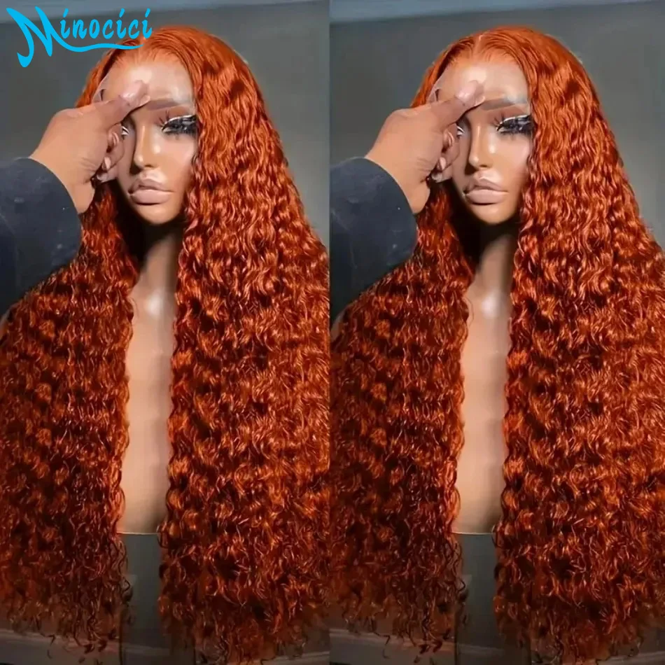 Peluca de cabello humano naranja jengibre, 100% peluca con malla Frontal ondulada de agua profunda, pelucas frontales de encaje 13X6 HD de color prearrancado de 250 de densidad