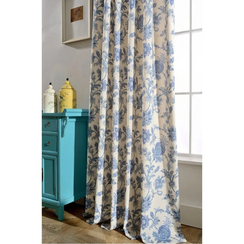Modern Simple Chinese Style Celadon Retro Flower Blackout Curtains Living Room Bedroom Curtains