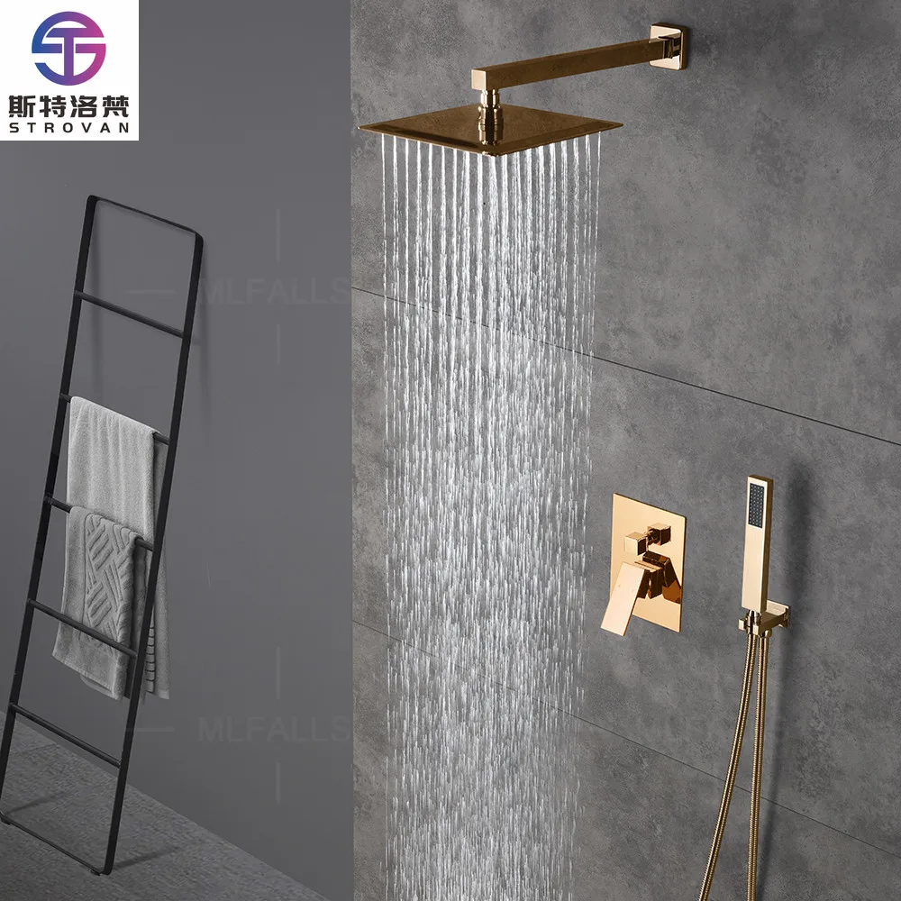 

Gold Shower Faucets Gold Brass Wall Mounted Bathroom Rain Shower Head Square Concealed Shower Faucet Mixer Set