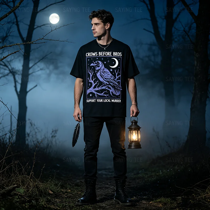 Crows Before Bros Support Your Local Murder Herren Damen T-Shirt Y2k Gothic Humorvolles Sarkastisches Witz-Spruch-T-Shirt Halloween-Kostüm – Detail 5