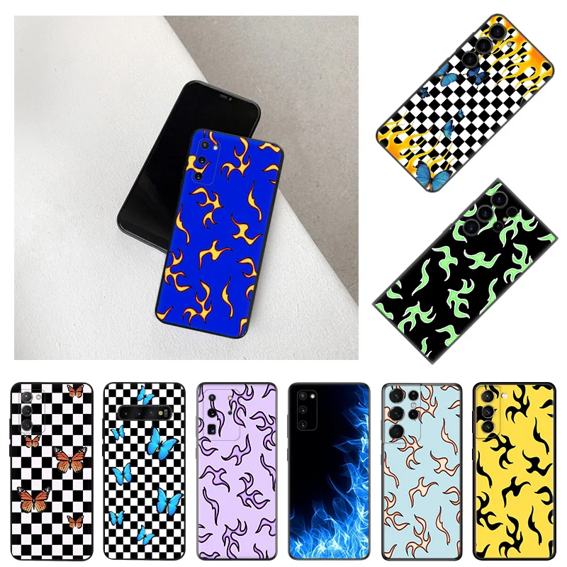 Soft Case for Samsung Galaxy S24 S23 S22 S21 S20 S10 Plus Ultra FE Butterfly Blue Red Flame Fire Matte Black Phone Cases Cover