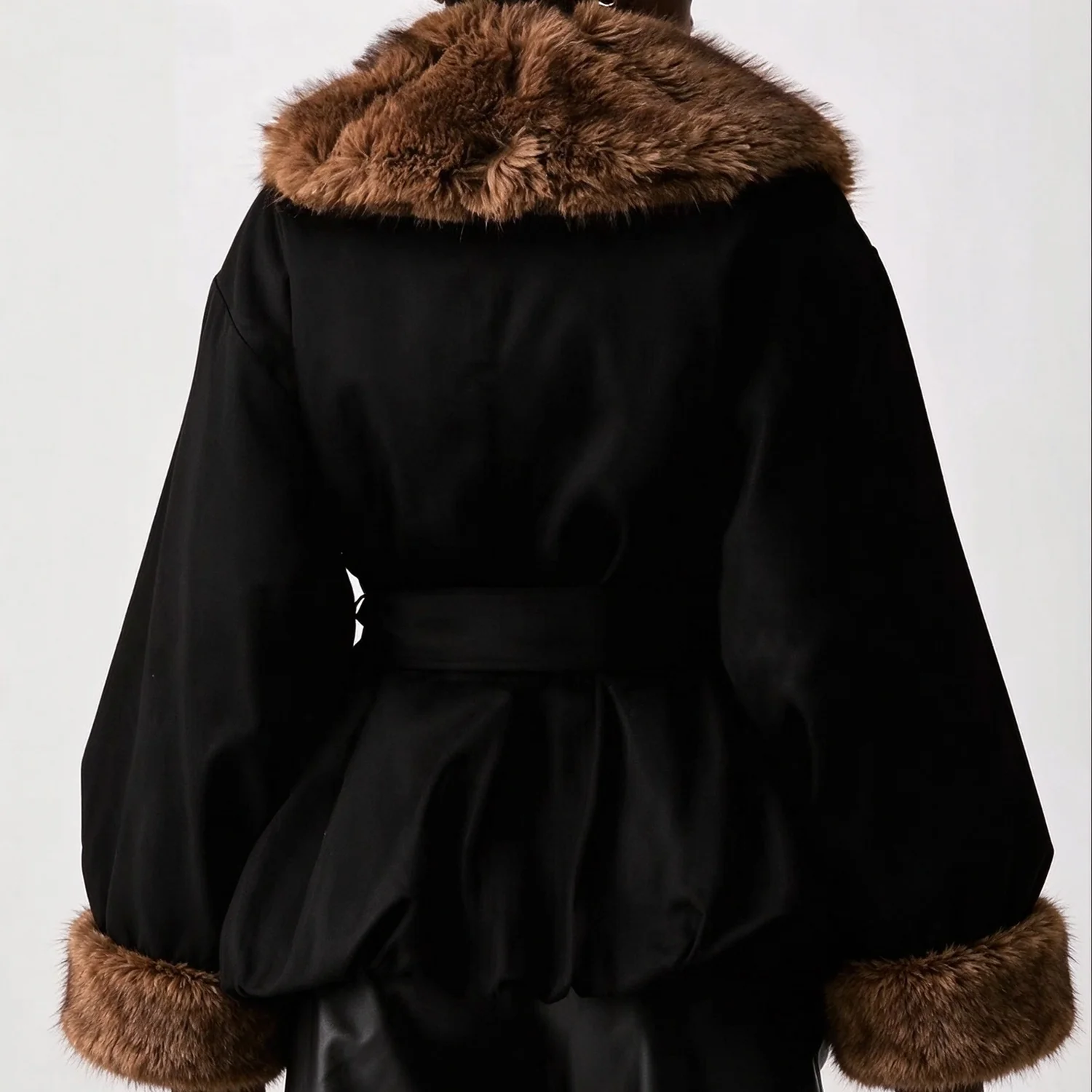 Women Faux Fur Trim Coat Belted Waist Lantern Long Sleeve Loose Oversized Winter Warm Elegant Outerwear Jacket