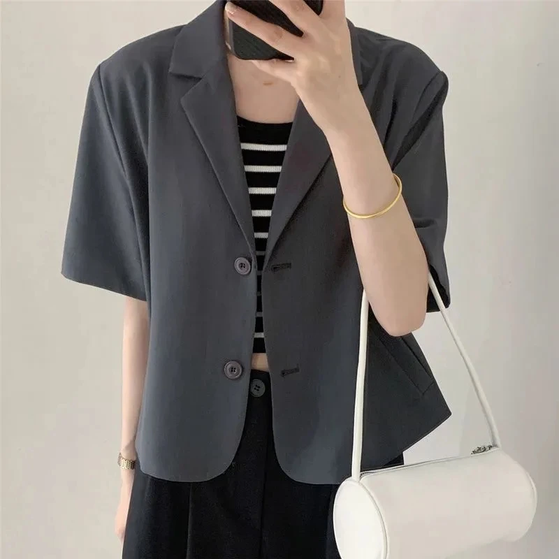 

Ladies Summer Short Coat Short Sleeve Fashion Suit Jacket Leisure Suit Drape Korean Casual Temperament Buttons Solid Color Coat