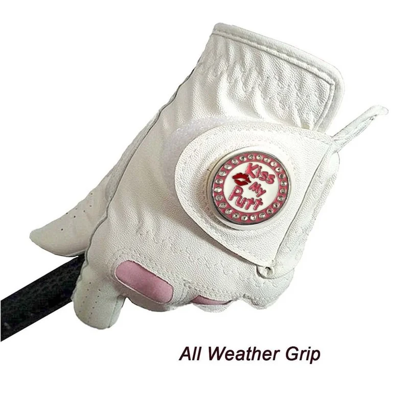 2 Pcs Cabretta Leather Golf Gloves Women with Bling Ball Marker Extra Grip Left Right Hand Pink Fit Ladies Girls Golfer