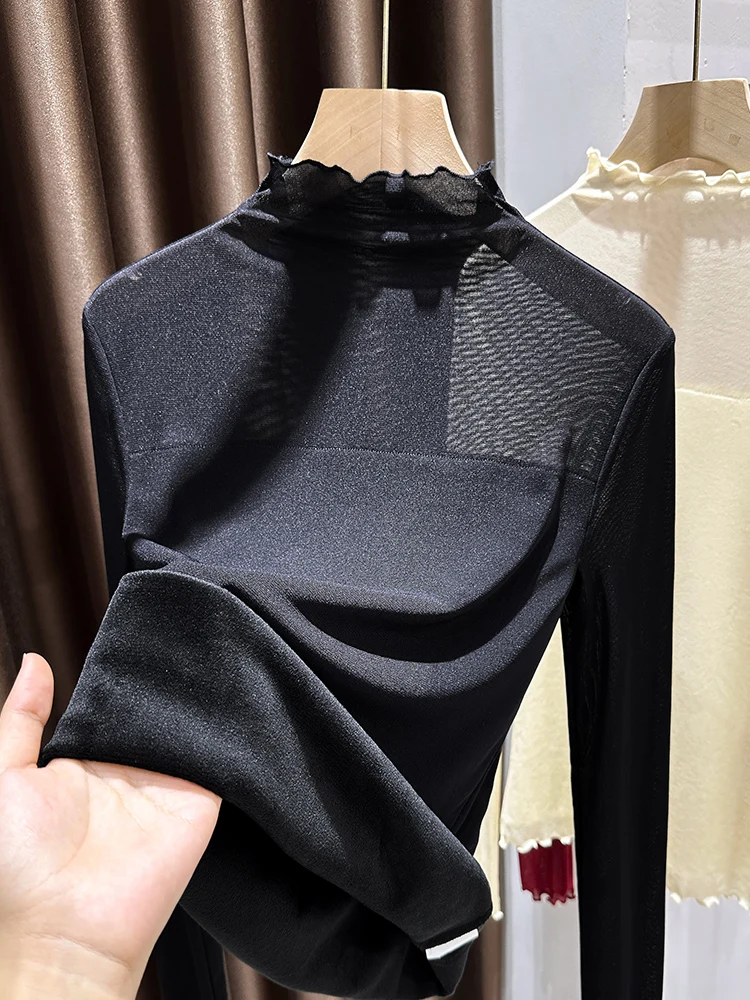 

Ele Bla Fce Lined f High Ne Lace Base irt Женская осенне-зимняя теплая внутренняя одежда T irt Top Корейский Sle Slim...