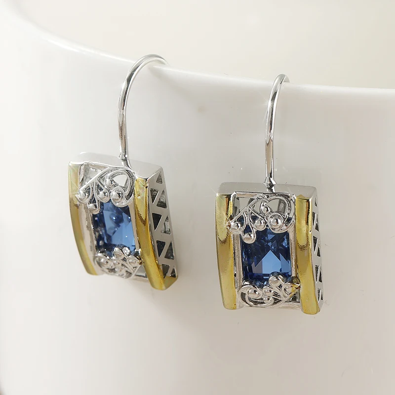 Vintage Delicate Blue Synthetic Zirconia Two Tone Twist Vine Drop Earrings Women's Elegant Luxury Banquet Festival Jewelry Gifts