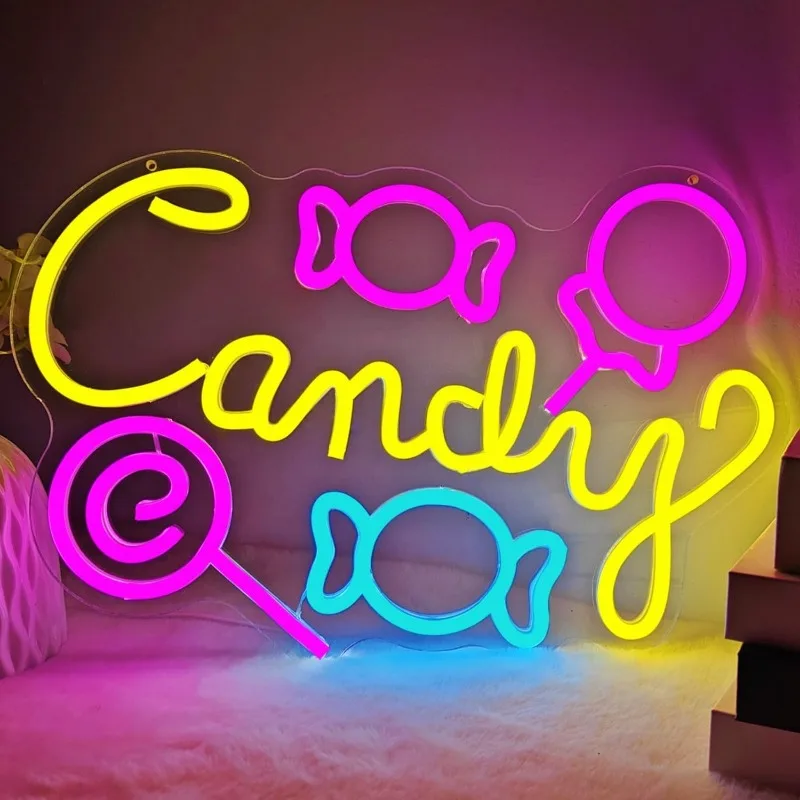 Candy Neon Signs for Wall Decorations Dimmable LED Signs Candy Store Lollipop Store Halloween Family Party Teen Birthday Gifts