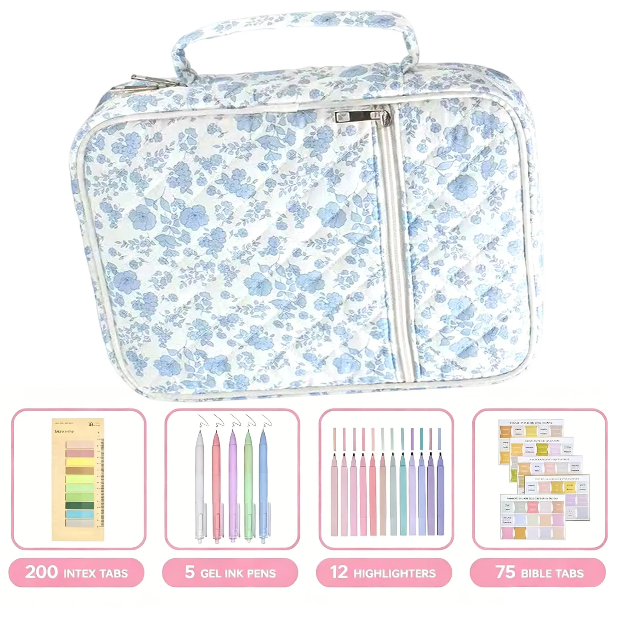 1set Floral Bible Study Bag Set, Portable Quilted Carrying Case with Highlighters, Gel Pens & Index Tabs, All-in-One Bible Journ