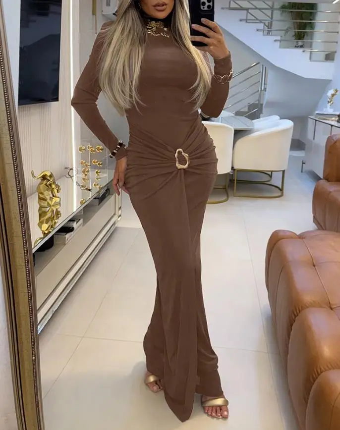 

Autumn Womens Dresses Metal Ring Decor Mock Neck Long Sleeve Ruched Slim Fit Maxi Dress Wrap Front Zipper Back Evening Dress