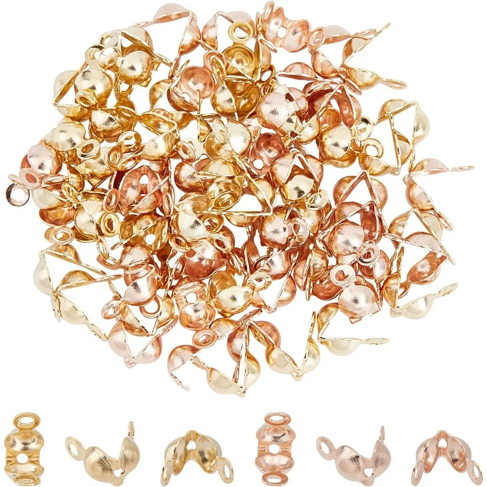 

80pcs Golden & Rose Gold Cord Bead Tips Stainless Steel Calotte Ends Open Clamshell Knot Covers Fold-Over Bead Tips for Knots