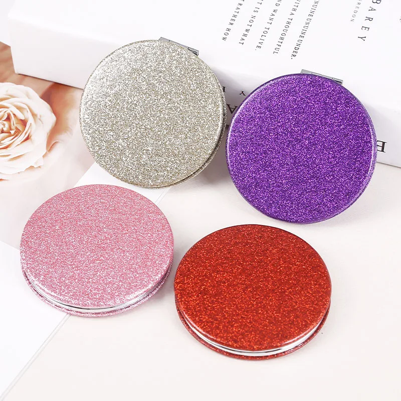 1pc Portable Glitter Round Makeup Mirror Hand Pocket Folding Cosmetic Mirror Double Face Make Up Mirror