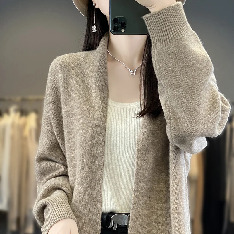 100% Merino Wool Spring Autumn Women's Cardigan Long Sleeve Sweater Solid Color Loose Warm Knitwear Fashion Female Long Coat